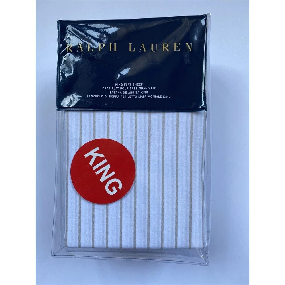 RALPH LAUREN PRESCOT STRIPE SUMMER BEIGE KING FITTED FLAT SHEET COTTON New